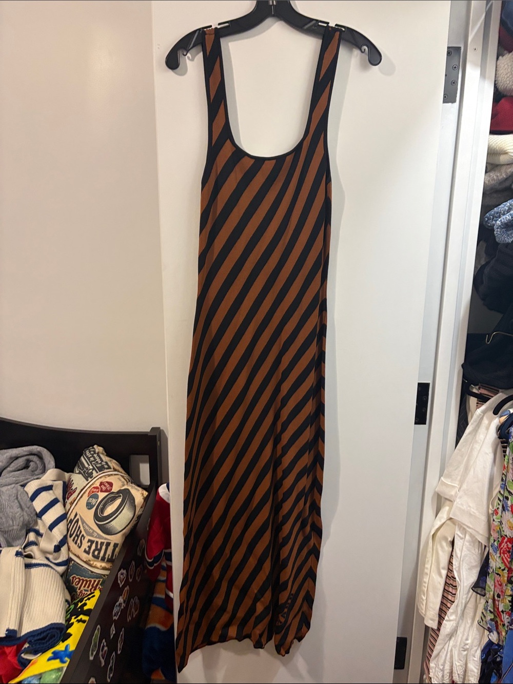 STAUD Brown and Black Diagonal Stripe Maxi Dress